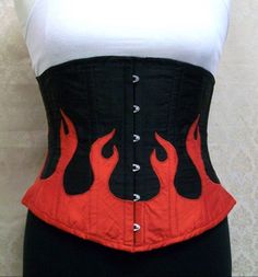 Flames! Strapless Fitted Corset Dress For Costumes, Strapless Corset With Corset Back For Costume, Fitted Halloween Corset With Boning, Red Underbust Corset Dress, Red Fitted Underbust Corset Dress, Fitted Red Bodice With Corset Back, Fitted Strapless Black Bodice, Fitted Costume Corset Belt With Boning, Black Fitted Corset For Costumes