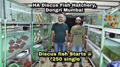 two men standing next to each other in front of fish hatchery with words above them that read, ha discuss fish hatchery don't mumbai