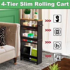 the four tier rolling cart is shown with instructions for how to put it on top