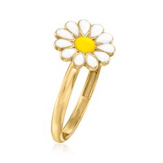 Ross-Simons - White and Yellow Enamel Daisy Ring in 14kt Yellow Gold. Size 6. A spring-inspired ring, this polished 14kt yellow gold daisy shines in white and yellow enamel. 3/8" wide. 14kt yellow gold and enamel daisy ring. White 14k Gold Flower Shaped Ring, White 14k Gold Flower Ring, White Enamel Ring In 14k Gold, Spring Yellow Gold Flower-shaped Jewelry, Spring Flower-shaped Yellow Gold Jewelry, White 14k Gold Flower Ring Fine Jewelry, Daisy Ring, Fine Jewelery, Spring Inspiration