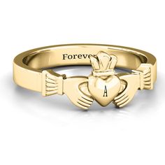 14K Yellow Gold Classic Claddagh Ring | Jewlr Classic Personalized Heart Ring For Promise, Classic Adjustable Heart Promise Ring, Classic Personalized Heart Promise Ring, Personalized Classic Heart Promise Ring, Heirloom Engraved Heart Ring For Promise, Heirloom Engraved Heart Promise Ring, Adjustable Symbolic Signet Ring For Anniversary, Symbolic Engraved Ring With Polished Finish For Promise, Classic Heart-shaped Engraved Promise Ring