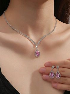 Vintage Blue Shimmering Drop Pendant Necklace & Earrings Bridal Luxury Wedding Dress Accessory Set Suitable For Party And Evening Wear Pink Glamorous   Copper     Women Fashion Jewelry, size features are:Bust: ,Length: ,Sleeve Length: