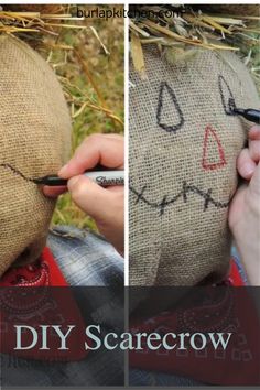 someone is making a scarecrow out of burlap and some hay with scissors