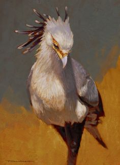 a painting of a white bird with feathers on it's head and neck, sitting in front of a yellow background