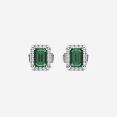 5.40x3.80 mm Created Emerald and 1/5 ctw Round Lab Grown Diamond Shadow Halo Stud Earrings 14K White Gold Earrings Platinum, Halo Stud Earrings, Jewellery Box Making, Halo Earrings Studs, Emerald Color, Metal Shop, Diamond Chain, Perfect Engagement Ring, Cute Jewelry