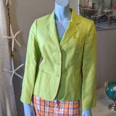 Talbot's Chartreuse Irish Linen Blazer - 4 Awesome New Blazer. I Hope Someone Awesome Buys This, It's Sweet But It Is Slightly Too Big For Me Green Fitted Casual Blazer, Fitted Yellow Outerwear For Summer, Fitted Yellow Summer Outerwear, Yellow Fitted Blazer With Pockets, Fitted Yellow Blazer With Pockets, Irish Linen, Linen Blazer, Colored Blazer, Green Yellow