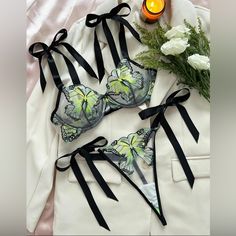 Brand New Never Worn, Size Medium Stunning Mesh And Ribbon Lingerie Set Butterflies Embroidered On Delicate Lace Ribbon Ties At Shoulders And Hips Butterfly Lingerie, Ribbon Lingerie, Fairy Lingerie, Butterfly Bra, Me And Bae, Mesh Bra, Butterfly Embroidery, Lingerie Outfits, Lace Ribbon