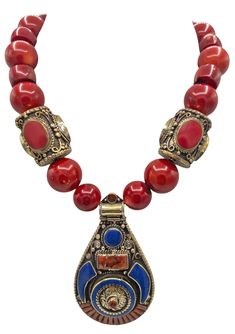 NATURAL Red Coral Brass and Coral Nepalese Accent Beads Lapis, Coral and Brass Nepalese Pendant 14K Gold Filled Chain Made in USA Statement Choker, Hand Bracelet, Dainty Bracelets, Silver Shop, Coin Necklace, Ethnic Jewelry, Cuff Earrings, Cuff Bangles, Red Coral