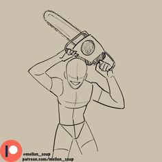 a drawing of a man holding a chainsaw over his head with one hand and the other above his head