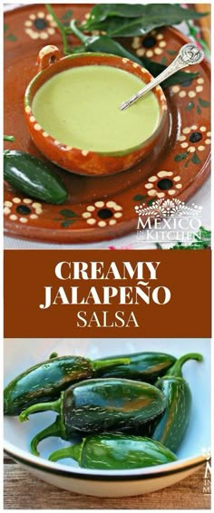 creamy jalapeno salsa in a bowl and on a plate