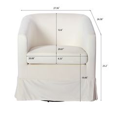 a white chair with measurements for the seat and back