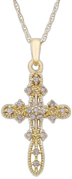 Yellow Gold Cubic Zirconia Crucifix Jewelry, Yellow Gold Crucifix Jewelry With Cubic Zirconia, Yellow Gold Cubic Zirconia Cross Pendant, Yellow Gold Cross Pendant Jewelry With Diamond Accents, Yellow Gold Cross Pendant With Diamond Accents, Yellow Gold Cubic Zirconia Cross Diamond Necklace, Yellow Gold Cross Diamond Necklace With Cubic Zirconia, Gold Cross Necklace With Prong Setting, Gold Necklace With Cross Pendant In Prong Setting