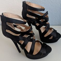 New Cathy Jeans Women's Strappy Black Satin Platform High Heels Size 6 1/2, Approx 6" Heels, Zipper Back Super Comfortable And Lightweight Heels, Fall Shoes, Party Heels., New Years Party Heels. Party Closed Toe Synthetic Heels, Party Heels With Heel Strap In Synthetic, Party Heels With Heel Strap In Synthetic Material, Synthetic Heels With Heel Strap For Party, Party Synthetic Closed Toe Heels, 4-inch Heel Synthetic Party Heels, Fitted Synthetic Heels For Party, Platform Open Toe Heels For Cocktail, Party Closed Toe Heels With Reinforced Heel