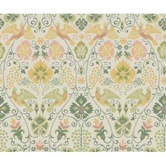 an intricately designed wallpaper with birds and flowers in green, yellow and pink