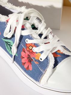 Floral Leaves Lace Up Sneakers Denim Sneakers Trendy Denim Blue Lace-up Sneakers, Denim Blue Cotton Lace-up Sneakers, Spring Canvas Shoes With Laces, Spring Cotton Canvas Shoes With Laces, Denim Blue Lace-up Cotton Sneakers, Casual Canvas Shoes With Laces For Spring, Trendy Canvas Sneakers For Spring, Denim Blue Cotton Sneakers With Round Toe, Spring Casual Canvas Shoes