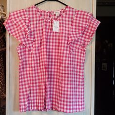 Pink Gingham, Ruffle Shoulder 100% Cotton Spring Ruffle Blouse For Picnic, Spring Blouse With Ruffles For Picnic, Spring Ruffled Blouse For Picnic, Spring Gingham Blouse With Ruffles, Short Sleeve Ruffled Tops For Picnic, Ruffled Short Sleeve Tops For Picnic, Gingham Ruffled Top For Work, Summer Gingham Blouse For Work, Gingham Blouse With Ruffles For Day Out