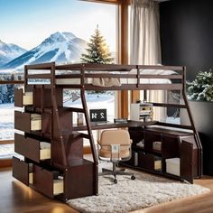 a loft bed with desk underneath it in front of a window and snowy mountains outside