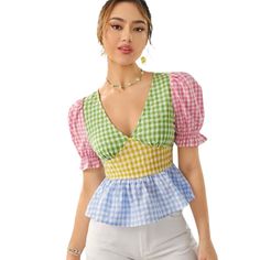 3/$25 Shein Gingham Puff Sleeve Peplum Top Nwt Size Medium Multicolor Boho Gingham, Colorblock Peplum V Neck Short Sleeve Ruffle Hem, Raw Hem, Zipper Puff Sleeve Flared Regular Regular Fit Non-Stretch Cotton 51% Cotton, 49% Polyester Machine Wash Or Professional Dry Add 3 Items To Bundle And Send $25 Offer! Spring Puff Sleeve Patchwork Tops, Spring Patchwork Puff Sleeve Tops, Summer Puff Sleeve Top With Patchwork, Spring Plaid Puff Sleeve Top, Plaid Puff Sleeve Top For Spring, Summer Plaid Tops With Patchwork, Puff Sleeve Tops For Spring Picnic, Summer Puff Sleeve Tops For Picnic, Preppy Gingham Tops For Spring