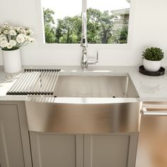 a stainless steel kitchen sink in front of a window with potted flowers on the counter