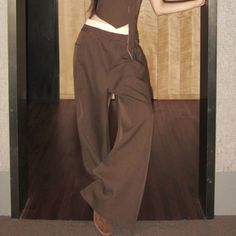 46367134023932|46367134056700 Y2k Wide Leg Brown Pants, Y2k Style Brown Wide Leg Pants, Brown Wide Leg Y2k Bottoms, Spring Y2k Wide-leg Pants, Y2k Wide Leg Solid Color Bottoms, Strapless Vest, Y2k Suit, Wide Leg Pants Suit, Wide Leg Pant Suit