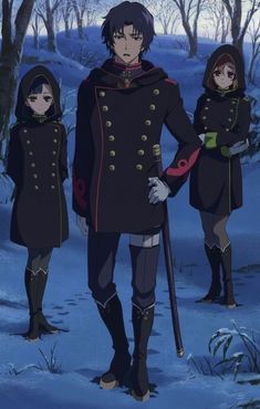 three people standing in the snow with one holding a cane and another wearing an uniform