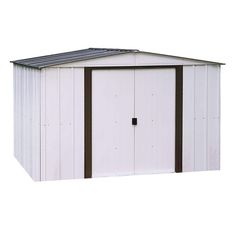 a white storage shed with brown trim on the roof and side doors open to reveal a door