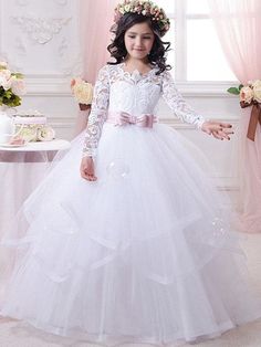 Princess Style Long Sleeve Tulle Gown, White Ruffled Ball Gown Dress, Long Sleeve Tulle Dress For Pageants, White Long Sleeve Princess Dress, White Long Sleeve Gown For Dress-up, White Long Sleeve Formal Gown, Princess Style White Floor-length Ball Gown, White Princess Ball Gown Floor-length, White Princess Floor-length Ball Gown