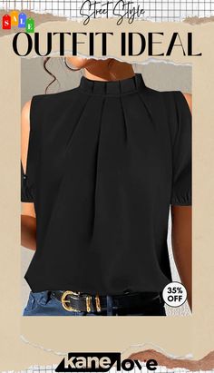 Black Split Sleeve Plain Top Casual Black Blouse, Black Non-stretch Tops For Work, Stretch Black Top For Office, Black Short Sleeve Top For Office, Chic Black Solid Color Blouse, Black Tops For Office, Black Summer Tops For Workwear, Black Summer Tops For Work, Versatile Black Blouse For Office