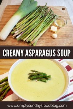 asparagus soup in a white bowl on a cutting board