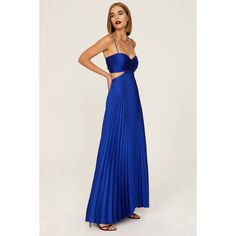 Blue (100% Polyester). A-Line. Sleeveless. V-neck. Tie closure. See size and fit notes for length measurements. Made in the USA of imported fabric. Gown Blue, Rent The Runway, Closet Designs, Blue Satin, Measurement Length, Made In The Usa, Pleated Skirt, Neck Tie, A Line