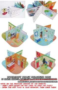 four different views of a doll house with furniture and accessories in it's interior