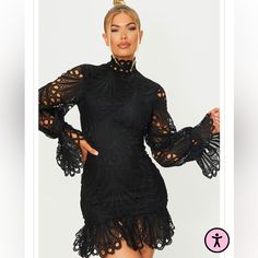 Prettylittlethings Black High Neck Lace Long Sleeve Frill Mini Dress Tag Intact Lace Bodycon Dress Long Sleeve, Long Sleeve Smock Dress, Frill Mini Dress, Leg Of Mutton Sleeve, Split Hem Dress, Cami Midi Dress, High Neck Designs, Ribbed Bodycon Dress, Frill Dress