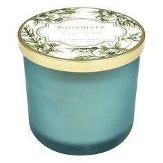 a candle that is sitting in front of a white background with the words rosemary on it