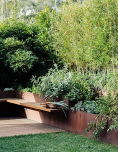 a wooden bench sitting in the middle of a garden