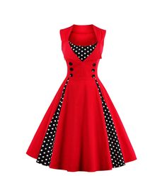 This sleeveless, retro-inspired A-Line dress featuring a double breasted collar, polka dot pattern, fitted bodice and swing skirt is a fashion classic. This fun skirt is perfect for any fun occasion and this lovely classic is made with a cotton and polyester blend so you'll be comfortable while being stylish. Comes in 7 fun color patterns. Polka Dot Patchwork Dress For Party, Polka Dot Patchwork Party Dress, Party Polka Dot Patchwork Dress, 1950s Style A-line Polka Dot Dress, Spring Vintage Dress For Retro-themed Events, Polka Dot Dresses For Retro-themed Events, 1950s Style Polka Dot Dress For Retro-themed Events, Vintage Dress For Retro-themed Spring Events, Retro Polka Dot Dress For Vintage Fashion