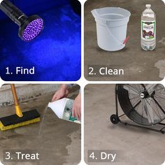 four pictures showing how to clean a floor with the help of a sprayer and bucket