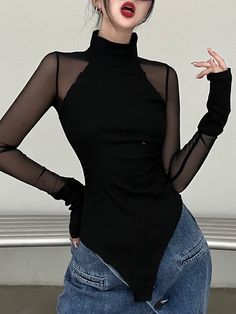 Black Sheer Long-Sleeve Turtleneck Bodysuit