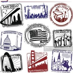 stamps with different cities and flags on them royalty illustration - art isto de los angeles