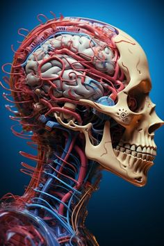 the human head and neck is shown with blood vessels coming out of it's brain