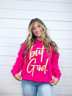 This sweatshirt is so cute and fun! The bright pink color gives it a unique look. Model is 5’6 wearing a size Large. Kaley is normally a size Large in tops. Fit: Recommend staying true to size! Trendy Pink Sweatshirt For Fall, Trendy Pink Fall Sweatshirt, Pink Long Sleeve Slogan Top, Pink Long Sleeve Top With Slogan, Oversized Pink Slogan Top, Pink Relaxed Fit Sweatshirt For Fall, Pink Crew Neck Sweatshirt For Fall, Pink Graphic Print Sweater For Fall, Pink Graphic Print Fall Sweater