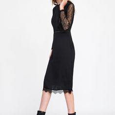 Satin Dress With Round Neck And Long Semi-Sheer Sleeves. Lace Trim At Hem. Back Hidden In-Seam Zip Closure. Size S. Main Fabric: 100% Polyester Approx Measurement: Shoulder:14.5" Pit To Pit: 18" Length: 46" Elegant Winter Dresses With Lace Trim, Bodycon Dress With Lace Trim For Date Night, Chic Stretch Bodycon Dress With Lace Trim, Knee-length Midi Dress With Lace Trim For Cocktail, Chic Sheath Mini Dress With Lace Trim, Formal Sheath Midi Dress With Lace Trim, Knee-length Lace Trim Midi Dress For Cocktail, Elegant Midi Dress With Lace Trim For Night Out, Sheath Dress With Lace Trim For Date Night