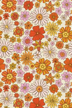 an orange, pink and yellow flower pattern on a white background with lots of small flowers