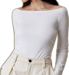 Fitted Cotton Boat Neck Top, Fitted Cotton Top With Boat Neck, Elegant Cotton Scoop Neck Tops, Chic White Scoop Neck T-shirt, Chic White Boat Neck Top, Chic Relaxed Fit Boat Neck Top, White Stretch Boat Neck Top, Elegant Stretch T-shirt With Scoop Neck, Rib Boat