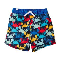 No Need To Be Crappy, Our Crab Little Boy Swim Trunks Are Here! The Peached Nylon Swim Trunks Feature A Mesh Lined Interior. The Exterior Of The Shorts Features A Crab Pattern. The Shorts Feature Various Colors Including Blue, Yellow And Red. We Love To Pair These With Our Rash Guards. Kids Mud, Toddler Swimsuits, Shark Swimming, Kids Fishing, Boys Swim Trunks, Boys Swim, Kids Swimwear, Mud Pie, Kids Swimming