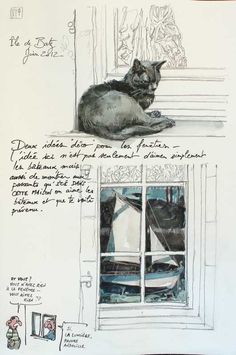 a drawing of a cat sitting on top of a window sill