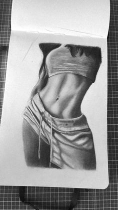 a pencil drawing of a woman's torso with a piece of paper in front of her