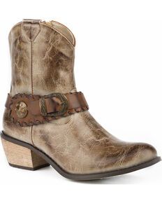 Roper Women's Brown Selah Booties - Round Toe - Country Outfitter Womens Biker Boots, Round Toe Boots, Ankle Cowboy Boots, Womens Cowgirl Boots, Roper Boots, Funky Shoes, Tan Woman, Toe Boots, Lady Biker