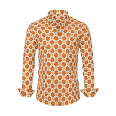 Revive the spirit of the 70s with our 70s Shirt Men—a vibrant Orange Floral Shirt designed for those who appreciate the timeless charm of 70s-inspired fashion. Crafted with meticulous attention to detail, this Vintage 70s Style Shirt effortlessly captures the essence of the era, making it an ideal choice for fashion enthusiasts.Constructed from 100% polyester, this Hippie Shirt Men ensures both comfort and durability. The beautiful orange mod floral pattern print takes center stage, offering a b Orange Cotton Top With Retro Print, Retro Orange Cotton Shirt, Fitted Orange Cotton Shirt, Cotton Shirt With Retro Print In Relaxed Fit, Fitted Orange Printed Shirt, Cotton Retro Shirt With Retro Print, Orange Collared Shirt With Graphic Print, Cotton Shirt With Retro Print, Orange Cotton Shirt With Print