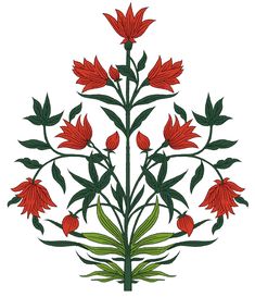 a red flower with green leaves and stems on a white background is featured in this illustration