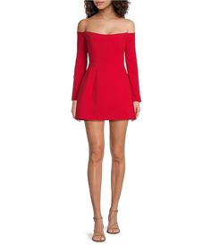 Bardot Nadine Hourglass Off-The-Shoulder Long Sleeve Mini Dress | Dillard's Christmas Cocktail Dresses, Holiday Cocktail Dress, Winter Gala, Cocktail Dress Holiday, Balloon Skirt, Cocktail Party Dresses, Long Sleeve Cocktail Dress, Contemporary Dresses, Mini Dress Formal